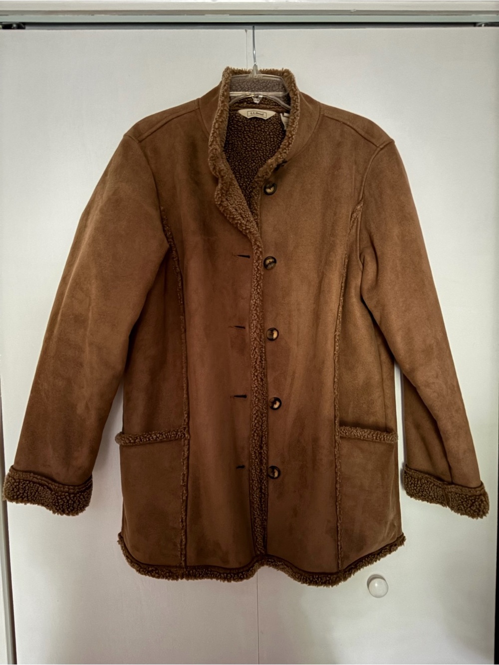 LL Bean Chocolate Brown Shearling-Trim Faux Suede Coat size Large